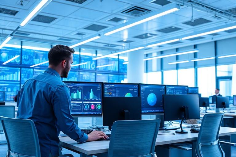 Water technology company office with engineers monitoring utility data dashboards